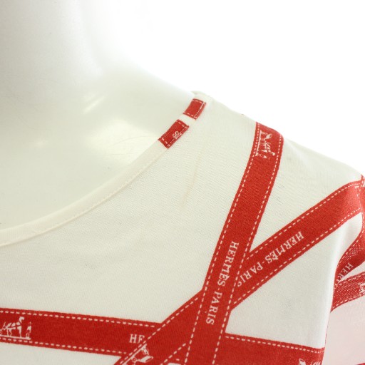 【中古】HERMES マルジェラ期 ボルデュック Tシャツ カットソー 半袖 クルーネック リボン柄 ロゴ 総柄 L 白 赤_8