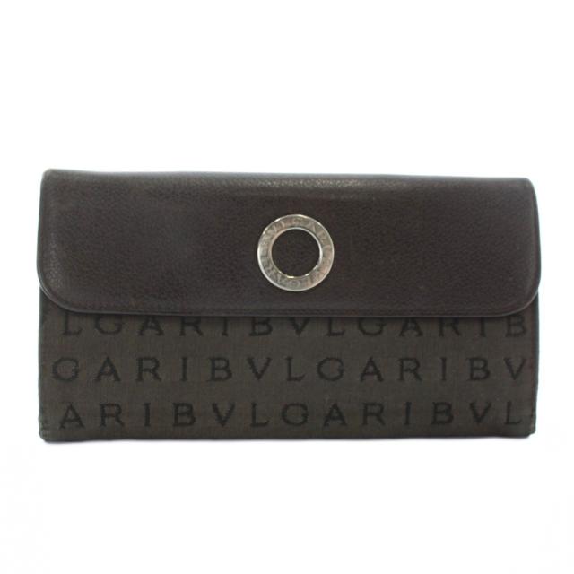【中古】ブルガリ BVLGARI 長財布 三つ折り レザー キャンバス Wホック ロゴマニア シルバー金具 茶色 ブラウン