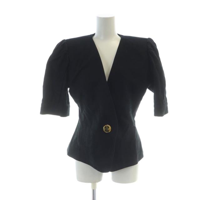 【中古】イヴサンローラン ヴィンテージ ノーカラー ジャケット ショート 金ボタン シングル Vネック 麻 リネン M 黒