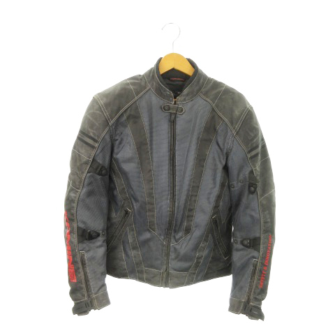 【中古】KOMINE バイクジャケット レザー 切替 ジップアップ プロテクター付 防風インナー付 ロゴ バイク M グレー