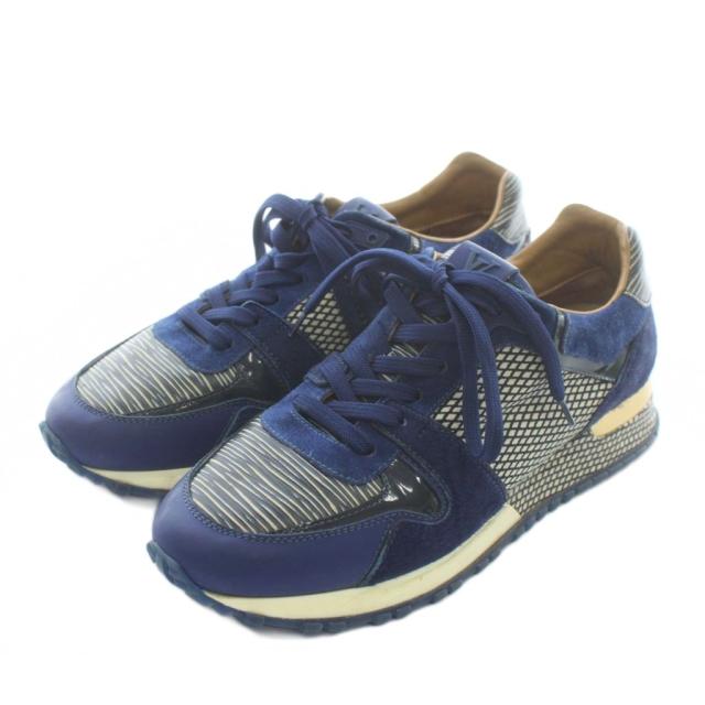 【中古】LOUIS VUITTON ランアウェイライン スニーカー ハラコ スエード レザー ローカット 総柄 35.5 22.5cm 紺