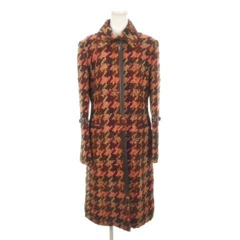 【中古】ハロッズ Harrods ステンカラーコート ツイード ロング 2 M 赤 レッド 比翼 ベルトデザイン チェック