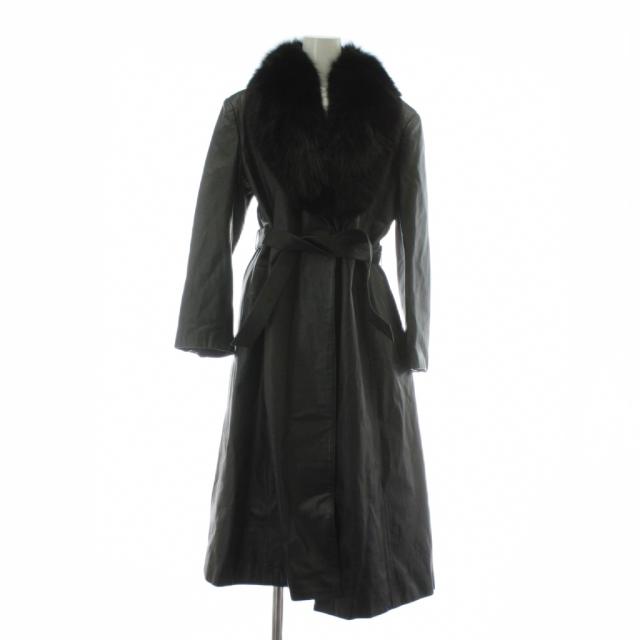 【中古】ノーブランド レザーコート アウター 襟ファー 毛皮 フォックス ロング ベルト付き 黒 ブラック