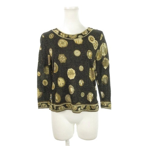 【中古】レオナール LEONARD カットソー ラウンドネック 七分袖 ストレッチ ラメ オリエンタル 総柄 L 黒 ブラック