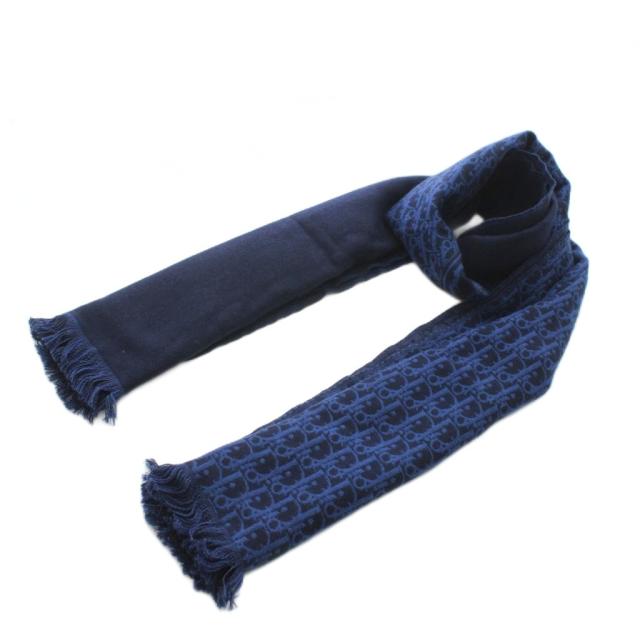 【中古】未使用品 ディオール Dior マフラー ストール ウール トロッター オブリーク ロゴ フリンジ 紺 24E0004A0741
