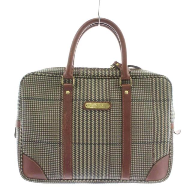 【中古】POLO RALPH LAUREN ビジネスバッグ ブリーフケース PVC レザー 千鳥格子 チェック柄 総柄 ロゴ 黒 茶色