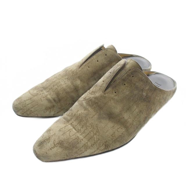 【中古】Berluti カリグラフィミュール スリッパ スエード ポインテッドトゥ 総柄 8.5 27cm ベージュ 1095