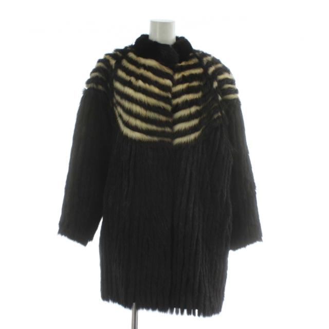 【中古】ノーブランド ファーコート アウター 毛皮 ミンク ミドル 肩パッド ボーダー F 黒 ブラック 白 ホワイト