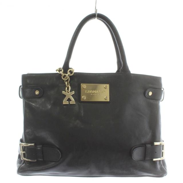 【中古】レオナール LEONARD ハンドバッグ トート レザー Wファスナー ロゴプレート ゴールド金具 黒 ブラック
