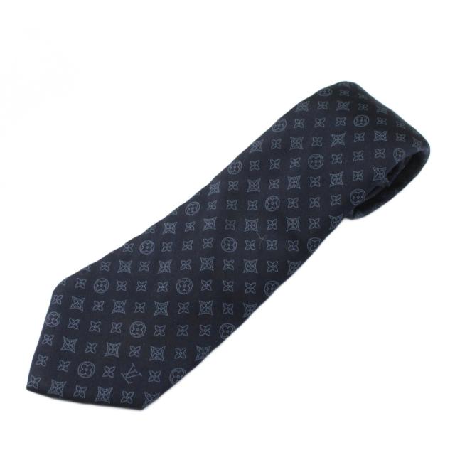 【中古】ルイヴィトン LOUIS VUITTON ネクタイ 絹 シルク レギュラータイ モノグラム 総柄 紺 ネイビー