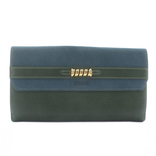 【中古】ロエベ LOEWE ベラスケス 長財布 二つ折り レザー Wホック ロゴ ゴールド金具 緑 グリーン 青 ブルー