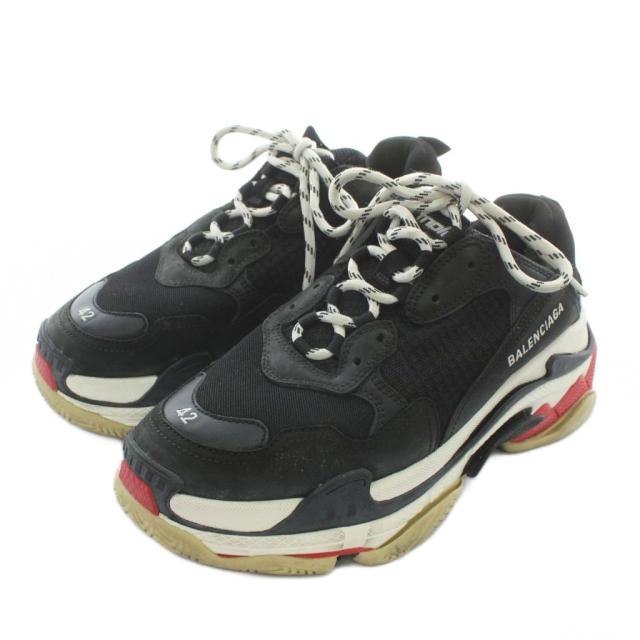 【中古】BALENCIAGA TRIPLE S スニーカー ダッドスニーカー レザー メッシュ 厚底 ローカット ロゴ 42 27.5cm 黒