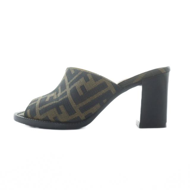 【中古】フェンディ FENDI サンダル ミュール スクエアトゥ ロゴ ズッカ柄 ヒール オープントゥ 35.5 22.5cm 茶