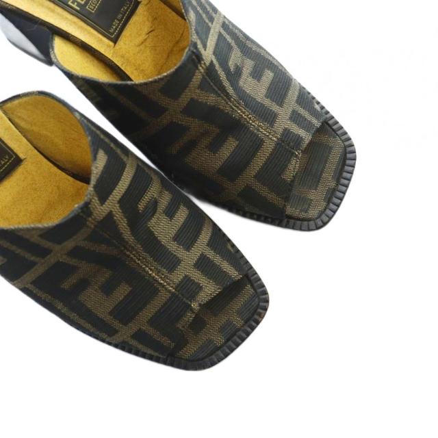 【中古】フェンディ FENDI サンダル ミュール スクエアトゥ ロゴ ズッカ柄 ヒール オープントゥ 35.5 22.5cm 茶
