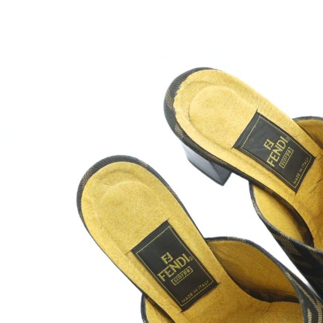 【中古】フェンディ FENDI サンダル ミュール スクエアトゥ ロゴ ズッカ柄 ヒール オープントゥ 35.5 22.5cm 茶