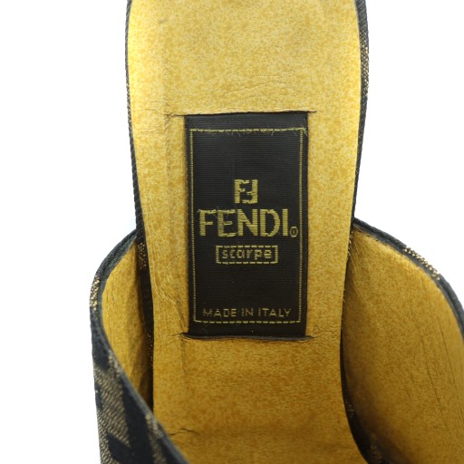【中古】フェンディ FENDI サンダル ミュール スクエアトゥ ロゴ ズッカ柄 ヒール オープントゥ 35.5 22.5cm 茶