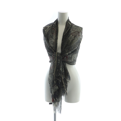 【中古】エトロ ETRO 大判ストール スカーフ 総柄 ロゴ 絹 シルク 黒 ブラック ■GY11 /MQ レディース