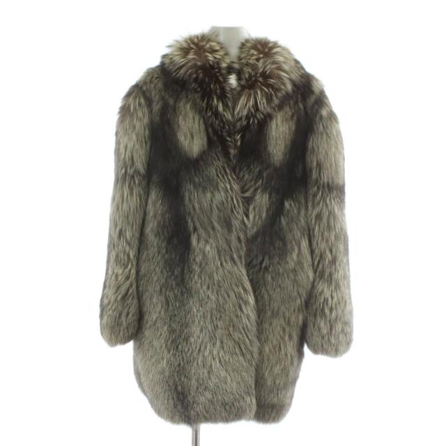 【中古】ノーブランド ファーコート アウター 毛皮 シルバーフォックス ミドル 13 XL 茶色 ブラウン 白 ホワイト