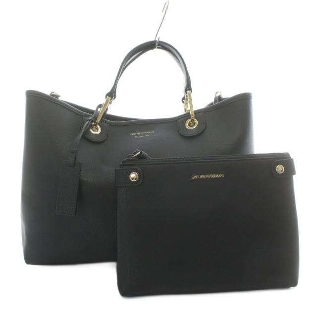 【中古】未使用品 EMPORIO ARMANI ハンドバッグ トート ショルダー 2WAY レザー ロゴ ポーチ付き 黒