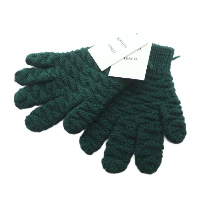 【中古】未使用品 ボッテガヴェネタ BOTTEGA VENETA 手袋 ウール タグ付き グローブ ロゴ S 緑 グリーン 670163