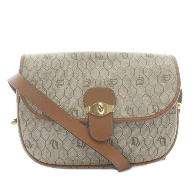 【中古】クリスチャンディオール ヴィンテージ ショルダーバッグ PVC レザー ハニカム 総柄 ゴールド金具 ベージュ 茶