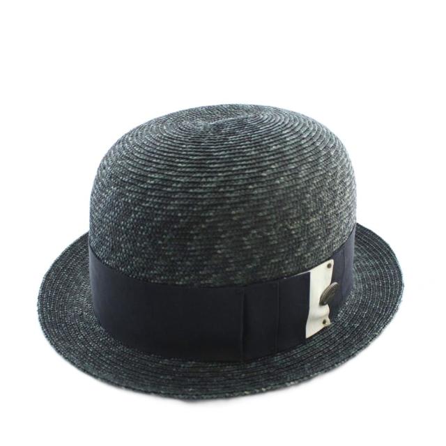 【中古】ボルサリーノ Borsalino 18.57 ストローハット 麦わら 帽子 天然草 紺 ネイビー 緑 グリーン メンズ