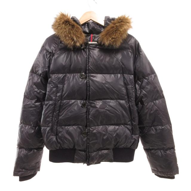 【中古】モンクレール MONCLER G32-003 ダウンジャケット ロゴ フード コヨーテファー 1 紺 ネイビー /JS ■GY18