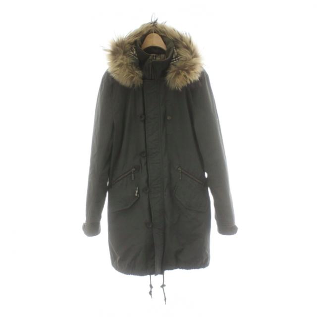 【中古】バーバリーブラックレーベル BURBERRY BLACK LABEL モッズコート L カーキ 長袖 フード ファー付き