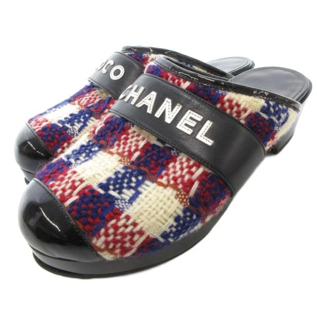 【中古】シャネル CHANEL サボ サンダル ミュール レザー ツイード ココ ロゴ 36 黒 ブラック マルチカラー