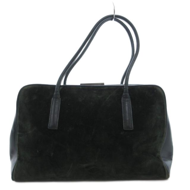 【中古】プラダ PRADA ヴィンテージ トートバッグ ハンドバッグ ベルベット ベロア レザー 切替 がま口 緑 グリーン_1