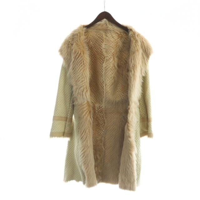 【中古】カールドノヒュー KARL DONOGHUE ムートン コート ラムスキン レザー 毛皮 ロング XS アイボリー レディース_3