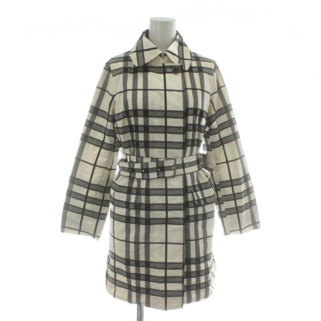 【中古】BURBERRY LONDON ステンカラーコート アウター 背抜き ミドル チェック柄 比翼ボタン ベルト付き 白 黒