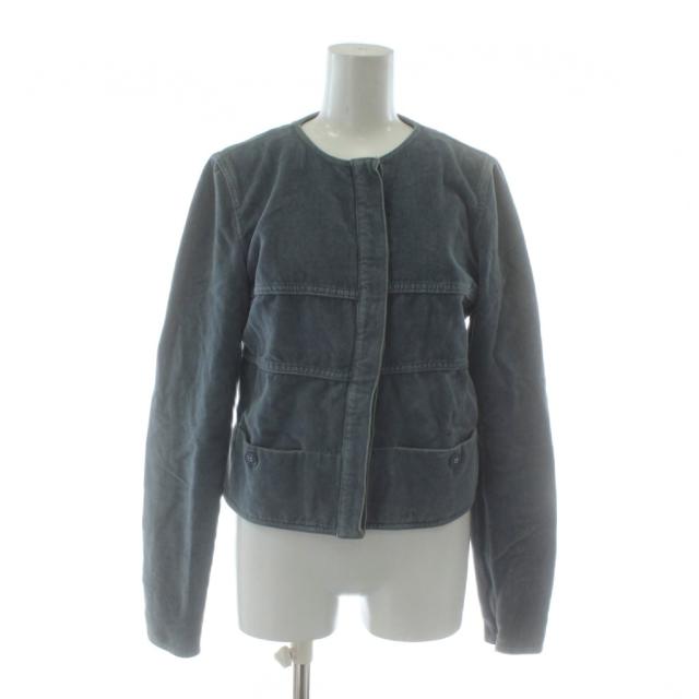 【中古】シャネル CHANEL 02A ノーカラー ジャケット ベロア 比翼ボタン 38 グレー P20057V11559 レディース