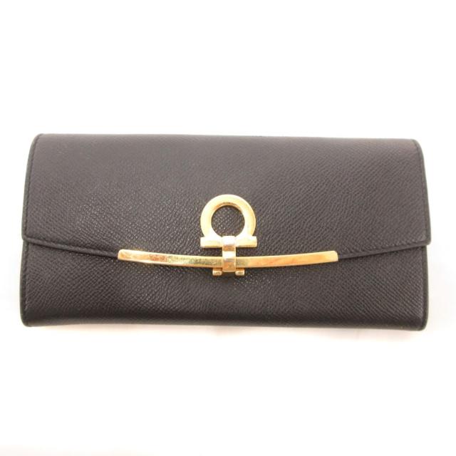 【中古】サルヴァトーレフェラガモ Salvatore Ferragamo 長財布 ウォレット レザー シボ ガンチーニフック ブラック