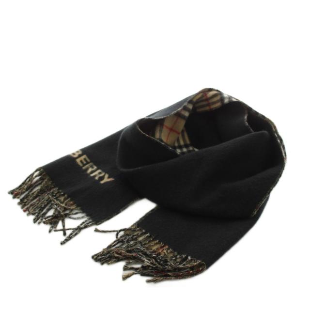 【中古】バーバリー ロンドン BURBERRY LONDON リバーシブル マフラー フリンジ カシミヤ ノバチェック ベージュ 黒