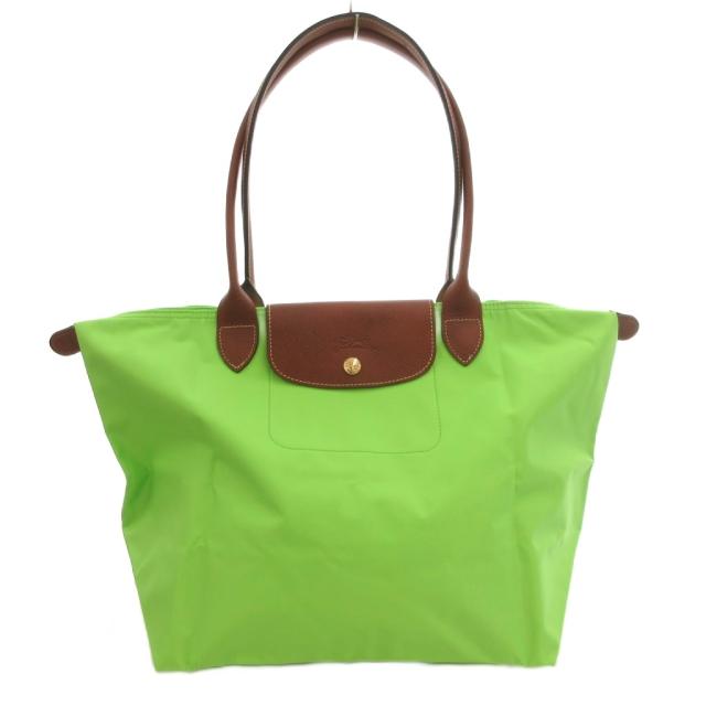 【中古】ロンシャン LONGCHAMP プリアージュ トートバッグ 手提げ コンパクト ナイロン 黄緑 茶 ブラウン