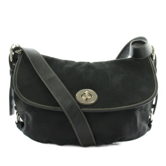 【中古】コーチ COACH ショルダーバッグ キャンバス レザー シグネチャー ターンロック 黒 ブラック F15171