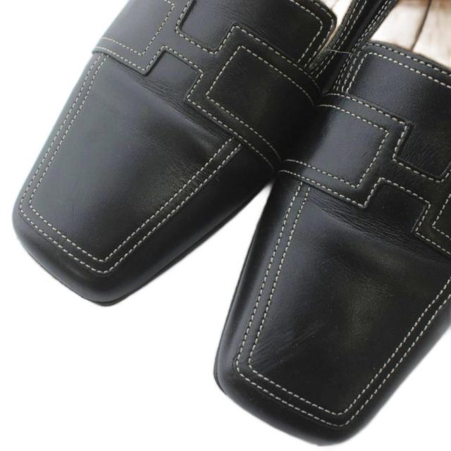 【中古】エルメス HERMES ローファー モカシン レザー スクエアトゥ Hロゴ 36 23?p 黒 ブラック /XZ ■GY18_2