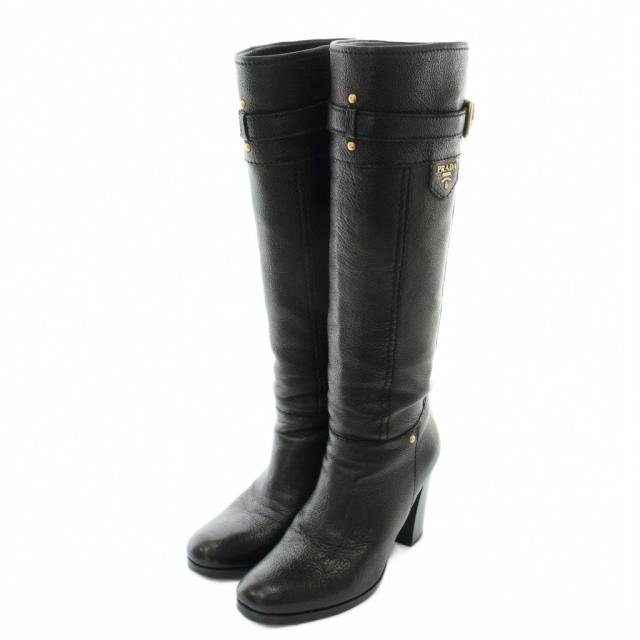 【中古】プラダ PRADA ロングブーツ レザー ラウンドトゥ ハイヒール ロゴ ゴールド金具 36.5 23.5cm 黒 ブラック
