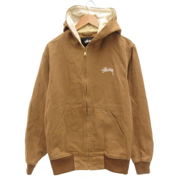 【中古】ステューシー STUSSY アクティブ ジャケット フード パーカー ジップアップ ダック地 ロゴ刺繍 L 茶 ブラウン