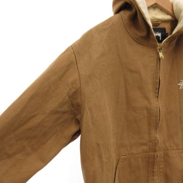 【中古】ステューシー STUSSY アクティブ ジャケット フード パーカー ジップアップ ダック地 ロゴ刺繍 L 茶 ブラウン_2