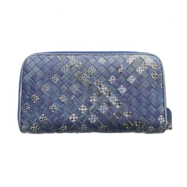 【中古】ボッテガヴェネタ BOTTEGA VENETA 長財布 ウォレット レザー イントレチャート ラウンドファスナー ロゴ 紺