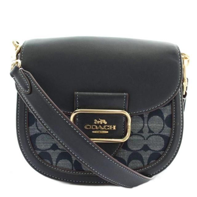 【中古】コーチ職 COACH ショルダーバッグ ジーンズ 帆布 なめし革 名書き ロゴタイプ ゴールド金具 紺 CH143