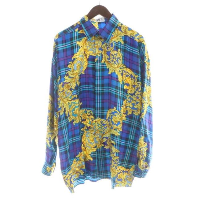 【中古】未使用品 VERSACE V2 ヴィンテージ シルクシャツ 絹100% 長袖 チェック バロック 総柄 M 青 ブルー