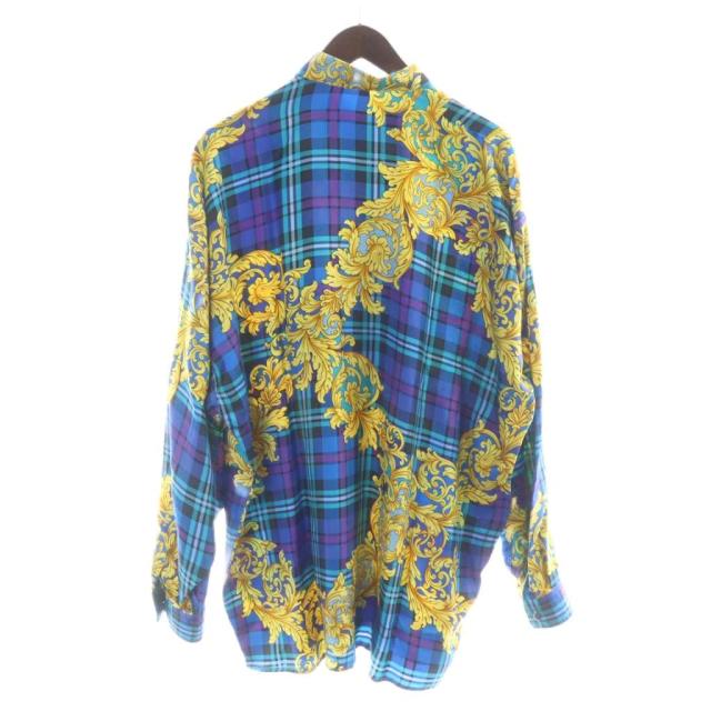 【中古】未使用品 VERSACE V2 ヴィンテージ シルクシャツ 絹100% 長袖 チェック バロック 総柄 M 青 ブルー_1