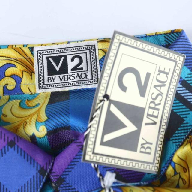 【中古】未使用品 VERSACE V2 ヴィンテージ シルクシャツ 絹100% 長袖 チェック バロック 総柄 M 青 ブルー_2