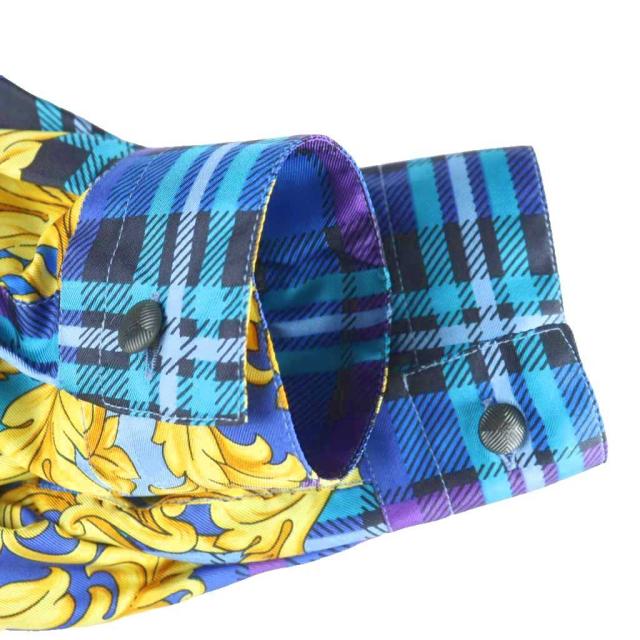 【中古】未使用品 VERSACE V2 ヴィンテージ シルクシャツ 絹100% 長袖 チェック バロック 総柄 M 青 ブルー_3