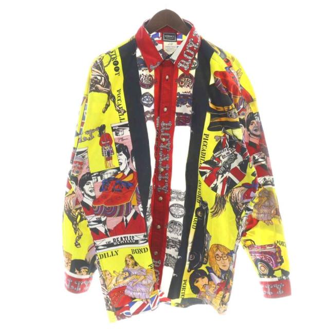 【中古】ヴェルサーチジーンズ イタリア製 カジュアルシャツ グラフィックプリントシャツ 長袖 ビートルズ 総柄 L