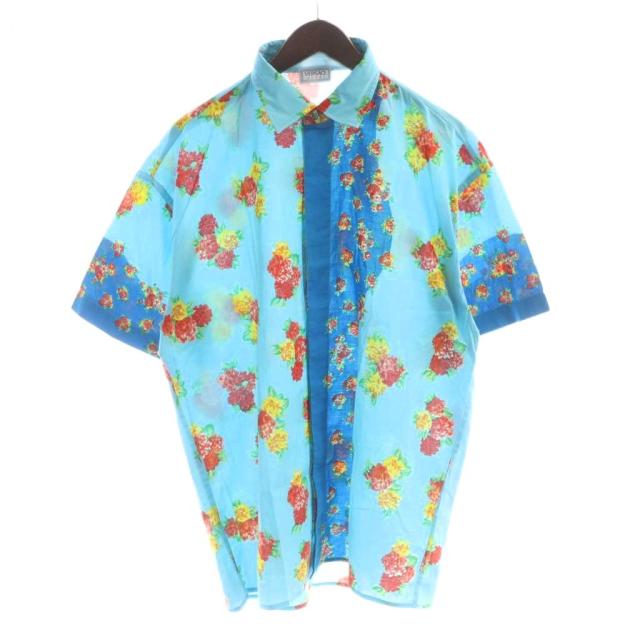 【中古】ヴェルサーチ ヴェルサーチェ VERSACE SPORT イタリア製 カジュアルシャツ 半袖 ボタニカル柄 総柄 50 青