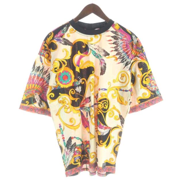 【中古】ヴェルサーチジーンズ VERSACE JEANS COUTURE Tシャツ 半袖 総柄 バロック M アイボリー 黒 ブラック